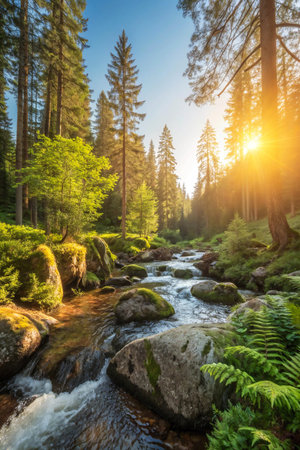 A vibrant forest scene with a flowing stream, moss-covered rocks, and tall trees bathed in warm, golden sunlight.の素材
