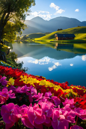 A stunning landscape featuring a calm lake reflecting rolling hills, mountains, and a blue sky, with a foreground of colorful flowers.の素材