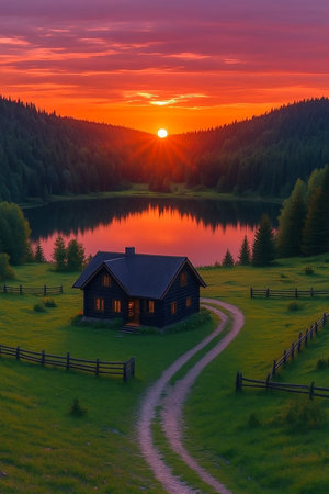 A solitary cabin sits by a tranquil lake, bathed in the warm glow of a vibrant, fiery sunset over rolling hills.の素材