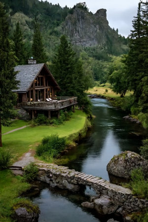 A secluded wooden cabin sits nestled amongst lush green trees beside a calm river, with a stone bridge crossing the water.の素材