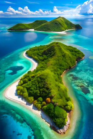 An aerial view showcases vibrant green islands with white sandy beaches, set against a backdrop of clear turquoise ocean and blue sky.の素材