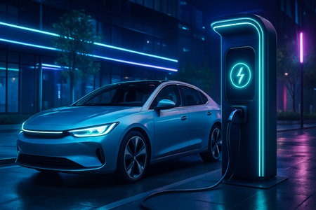 A sleek, modern electric vehicle is plugged into a glowing charging station under a neon-lit urban night sky.の素材