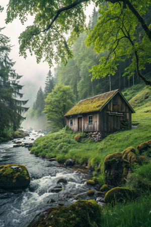 A weathered wooden cabin with a moss-covered roof sits beside a lively stream in a dense, vibrant green forest.の素材