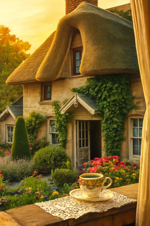 A charming thatched roof cottage bathed in warm sunset light, with a cup of tea on a windowsill overlooking a vibrant garden.の素材