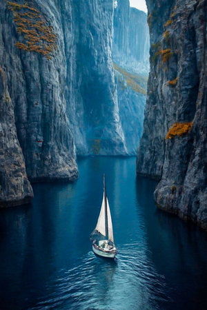 A lone sailboat glides through calm, dark blue water, dwarfed by immense, sheer rock faces of a dramatic fjord.の素材