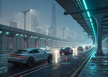 Sleek cars drive on a wet highway under glowing neon lights and city skyscrapers in a futuristic urban landscape.の素材