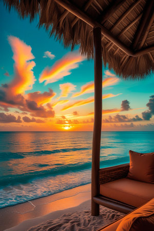 A vibrant sunset paints the sky over a tranquil ocean, viewed from a shaded beach lounger with cushions.の素材
