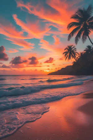 A breathtaking tropical sunset paints the sky with fiery oranges and pinks, illuminating the ocean waves and a serene sandy beach.の素材