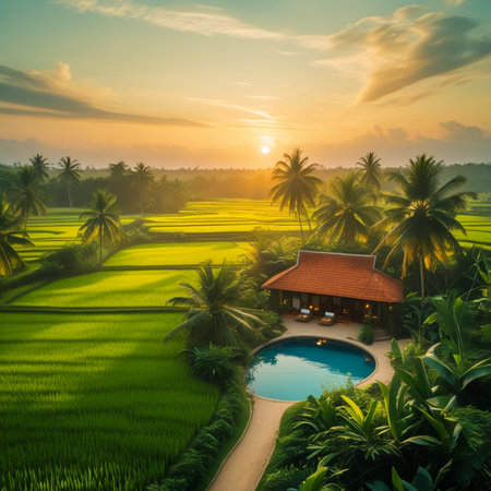 An aerial view captures a serene resort with a glistening pool surrounded by vibrant green rice paddies and palm trees during a breathtaking sunset.の素材