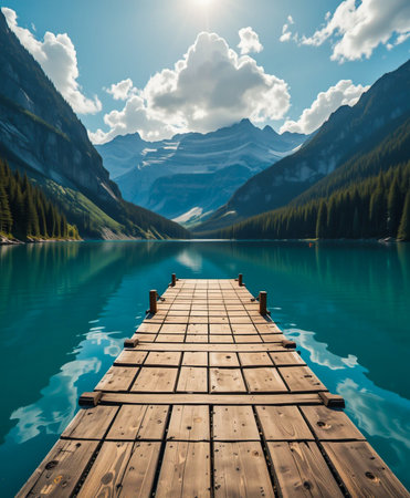 Wooden pier on Lake Louise, Banff National Park, Alberta, Canadaの素材