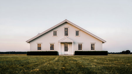Small white house on a green meadow in the evening light.の素材