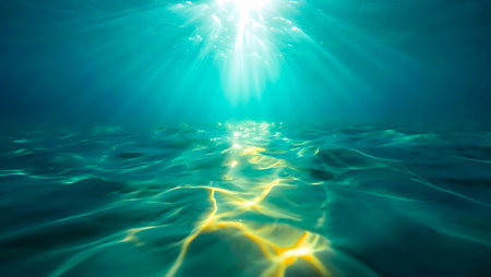 Underwater view of the sun shining through the water surface. Natural backgroundの素材