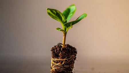 Young plant in a pot on a wooden background. New life conceptの素材