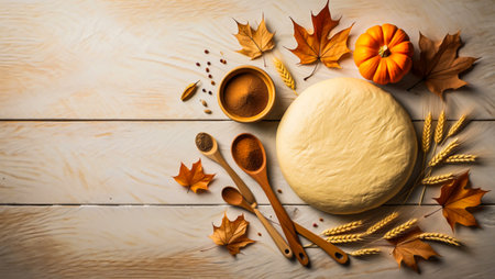 Pumpkin pie with autumn leaves and wooden spoons on wooden backgroundの素材