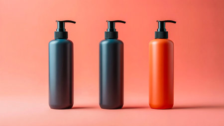 Three plastic bottles of shampoo and conditioner on a red background.の素材