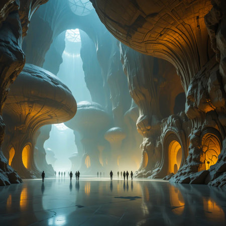Fantasy scene of people in a cave. 3D rendering.の素材