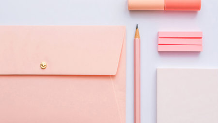 top view of pink envelope with pencil and eraser on white backgroundの素材