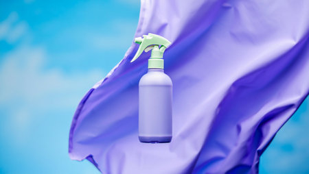 Spray bottle with blue cloth on blue sky background. Cleaning conceptの素材