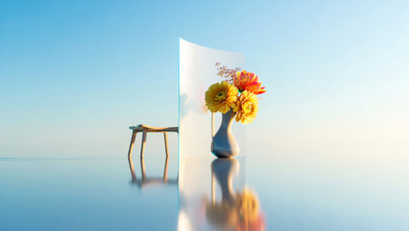 Artificial flowers in vase and chair on blue sky background.の素材