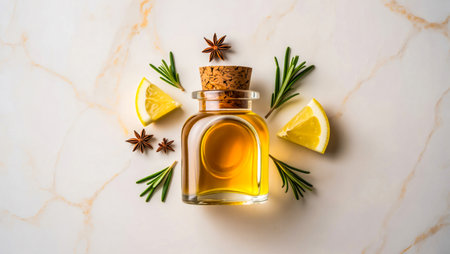 Bottle of essential oil with lemon and rosemaryle backgroundの素材