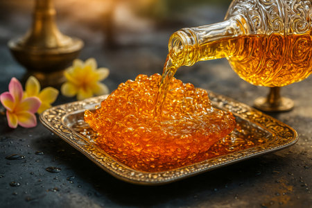 Golden caviar in a glass bowl and a bottle of oil.の素材