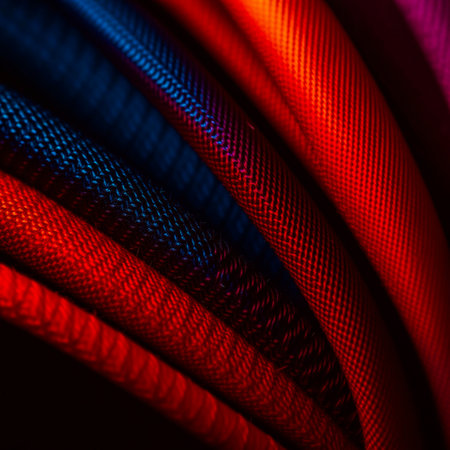 Closeup of a red, blue and black electric cable with blurred backgroundの素材