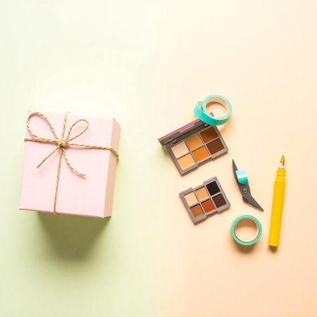 Gift box and cosmetics on pastel background. Flat lay.の素材