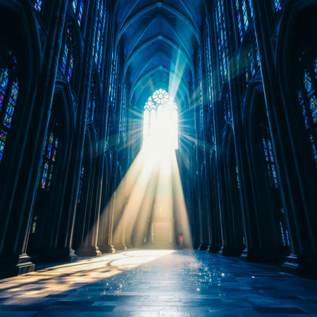 Sunlight through the window of Notre Dame Cathedral in Paris, Franceの素材