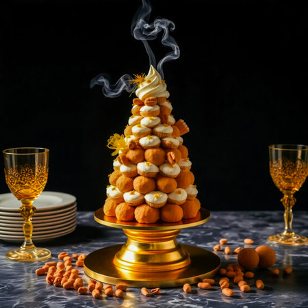 Christmas tree made of orange and white marshmallows with candles on a dark backgroundの素材