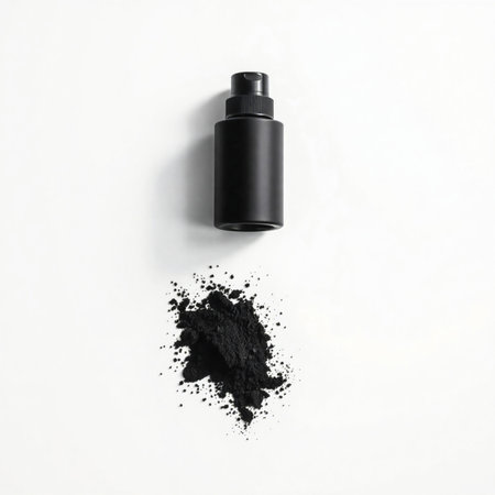 Black cosmetic bottle with black powder on white background. Flat lay, top viewの素材