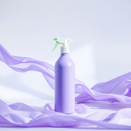 Plastic bottle of cosmetic product with purple satin fabric on white backgroundの素材