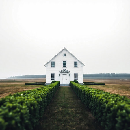 White church surrounded by green vineyard. Filtered image processed vintage effect.の素材