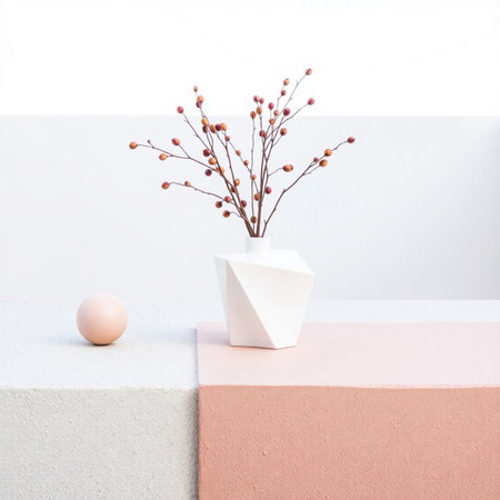 Vase with flowers and egg on white background. Minimal style.の素材