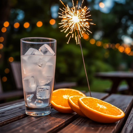Glass of water with ice cubes and orange slices on a wooden tableの素材