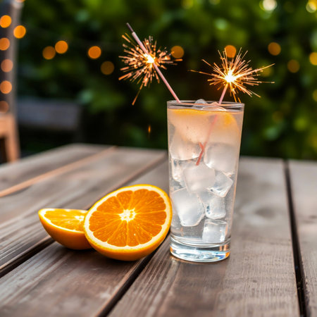 Refreshing drink with orange and sparklers on a wooden tableの素材