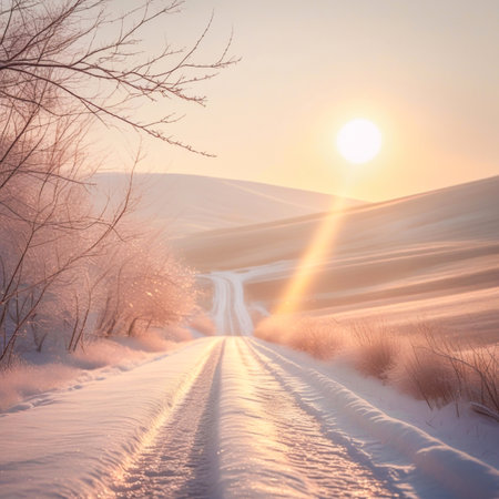 Winter road in the snow-covered field. The sun goes down.の素材