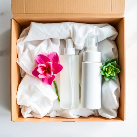 Flower and cosmetic bottle for skin care in cardboard box on white backgroundの素材
