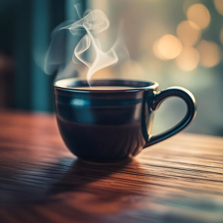 Coffee cup on wooden table with bokeh background.の素材