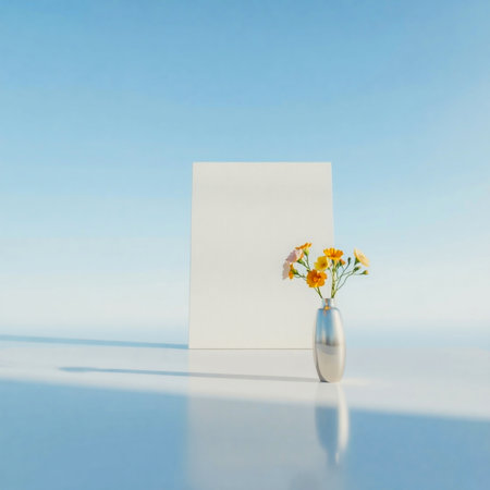 Flower in vase and blank paper on blue background with shadowの素材
