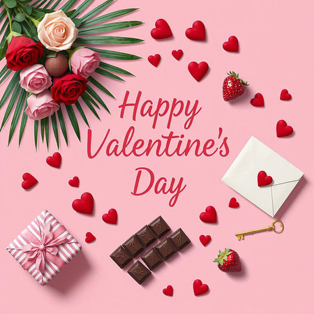 This image captures the essence of Valentine's Day with a delightful arrangement of symbols representing love and affection. It features a bouquet of vibrant red and pink roses, scattered heart-shaped confetti, a few ripe strawberries, a wrapped gift box, a selection of chocolates, and an envelope with a key. The background is a soft pink, enhancing the romantic atmosphere.の素材