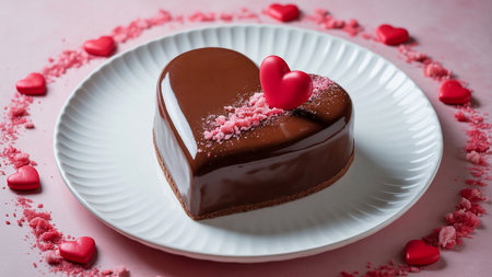 A beautifully crafted heart-shaped chocolate cake sits elegantly on a white plate. The cake is adorned with a rich chocolate glaze and sprinkled with pink sugar crystals. A small red heart decoration graces the top, adding a touch of romance. Surrounding the plate are scattered pink heart confetti, enhancing the festive and loving atmosphere.の素材