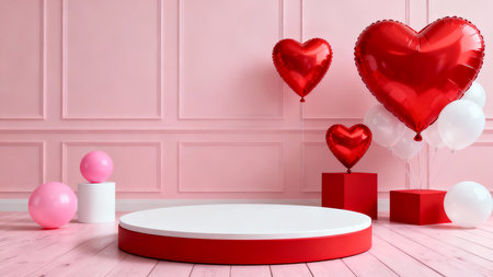 The image features a charming scene with heart-shaped balloons floating against a soft pink backdrop. The balloons are a mix of red and white, adding a festive and romantic touch. There are various objects placed on a round pedestal, including small cubes and spherical balls in red and white, enhancing the celebratory atmosphere.の素材