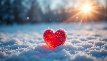A vibrant red heart sits gently on a blanket of fresh snow, with the warm glow of the rising sun casting a golden light in the background. The serene winter landscape is highlighted by the contrast between the red heart and the pristine white snow, creating a picturesque and tranquil scene.の素材