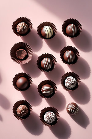A delightful assortment of chocolate truffles, each placed in individual paper cups. The truffles feature various coatings and decorations, including cocoa powder, white chocolate drizzles, and sugar crystals. The arrangement is visually appealing, with the truffles casting soft shadows on a light pink background.の素材