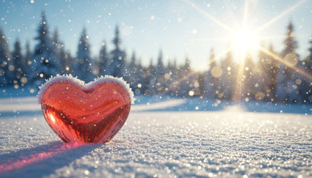 A vibrant red heart-shaped ornament sits in the snow, surrounded by a serene winter landscape. The sun shines brightly in the background, casting a warm glow over the snow-covered trees and ground. The scene evokes a sense of peace and love amidst the beauty of nature.の素材