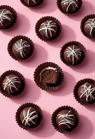 A visually appealing arrangement of chocolate truffles placed in small brown paper cups. Each truffle is adorned with white chocolate drizzle, creating an elegant and appetizing display. The truffles are set against a soft pink background, enhancing their rich, dark color. One truffle has a bite taken out, revealing the smooth and creamy interior.の素材