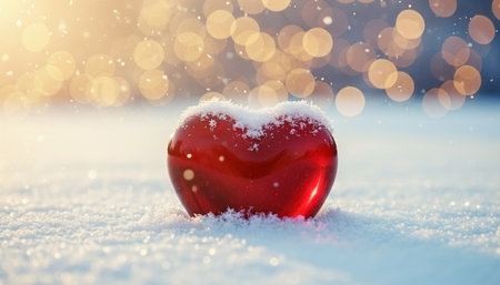 A vibrant red apple sits prominently in a snowy landscape, surrounded by a gentle snowfall. The apple is dusted with a light layer of snow, contrasting beautifully against the white snow. The background features blurred, colorful bokeh lights, adding a festive and warm atmosphere to the winter scene.の素材
