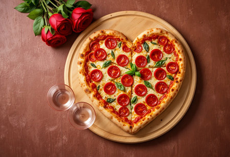 A delicious heart-shaped pepperoni pizza is presented on a wooden board, accompanied by a bouquet of red roses and two glasses of rosの素材