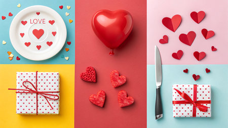 This image showcases a delightful arrangement of heart-shaped decorations, perfect for Valentine's Day or any celebration of love. It features a paper plate adorned with red hearts, a shiny red heart-shaped balloon, and numerous paper hearts scattered around. Additionally, there are gift boxes wrapped with heart patterns and ribbons, adding a touch of warmth and affection.の素材