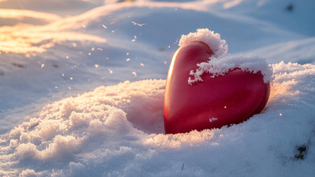 A vibrant red heart-shaped object partially covered in snow sits on a snowy surface. The background features a serene sunset with hues of orange and blue, creating a peaceful and romantic atmosphere.の素材